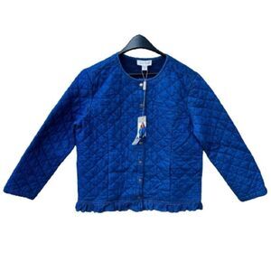 Charlie Paige Cropped Quilted Lettuce Trim Blue Cardigan Women's Size Medium